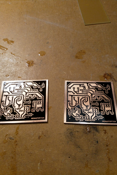 Cleaned up copper boards with transfered design